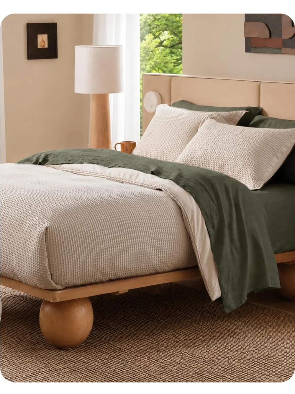 NEW Bedsure PureWoven 3 Pieces 100% Cotton Waffle Duvet Cover Set, King, Beige